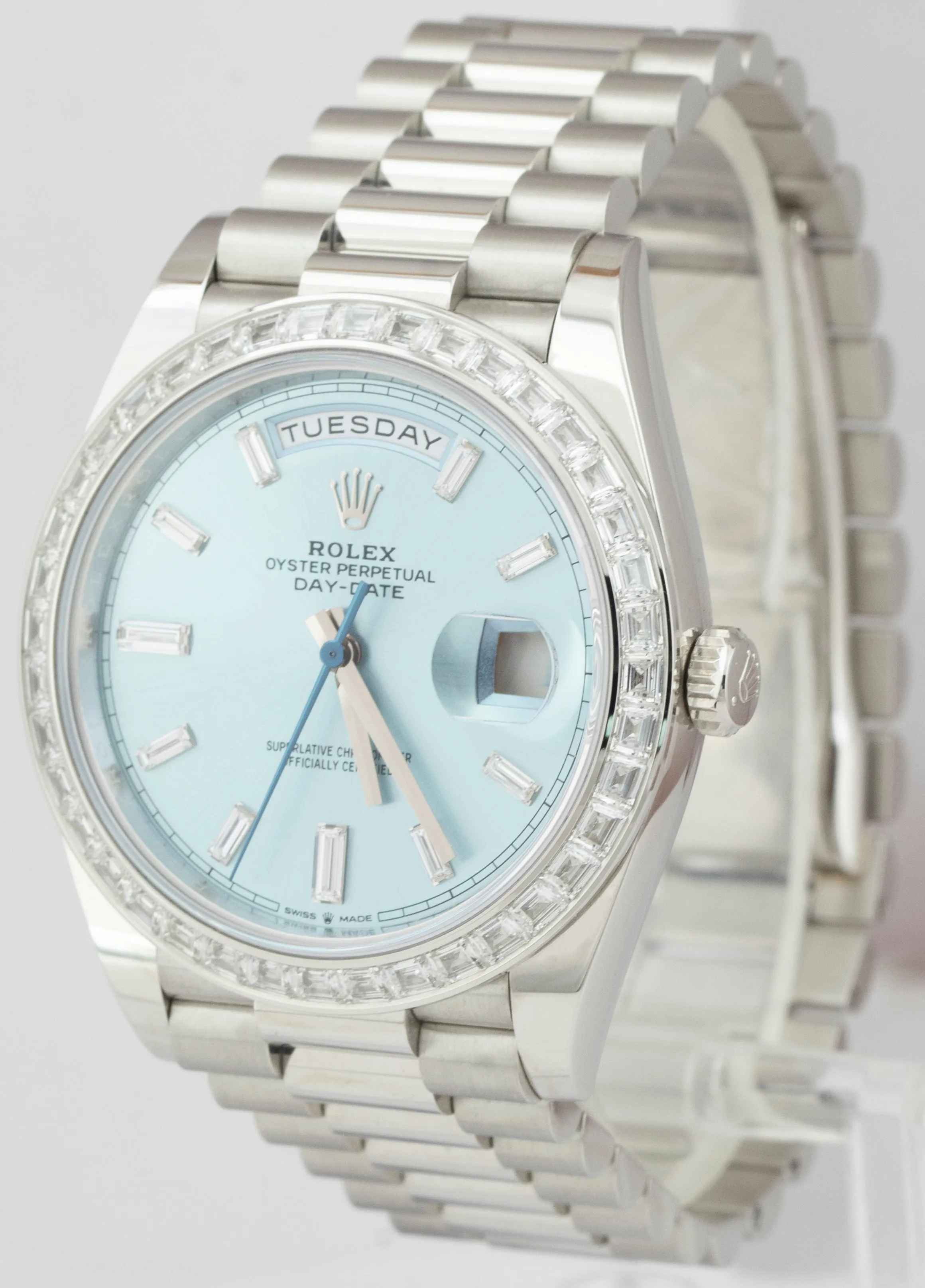 NEW Rolex Day-Date 40 President 40mm Platinum Glacier Blue BAGUETTE 228396 TBR