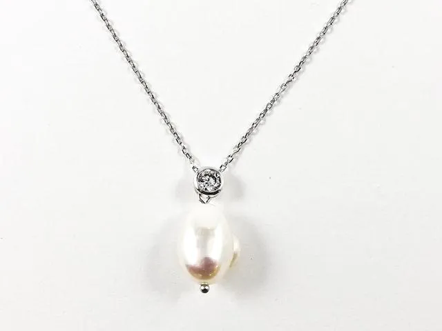 Nice Baroque Style Pearl Dangle Bezel CZ Brass Necklace