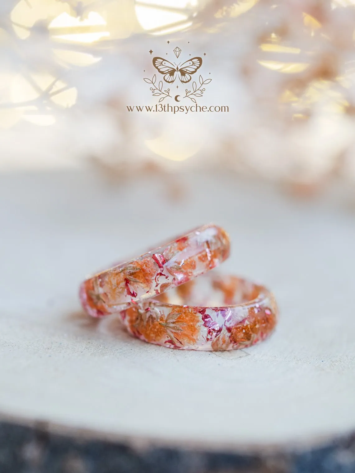 Orange baby's breath flowers resin ring