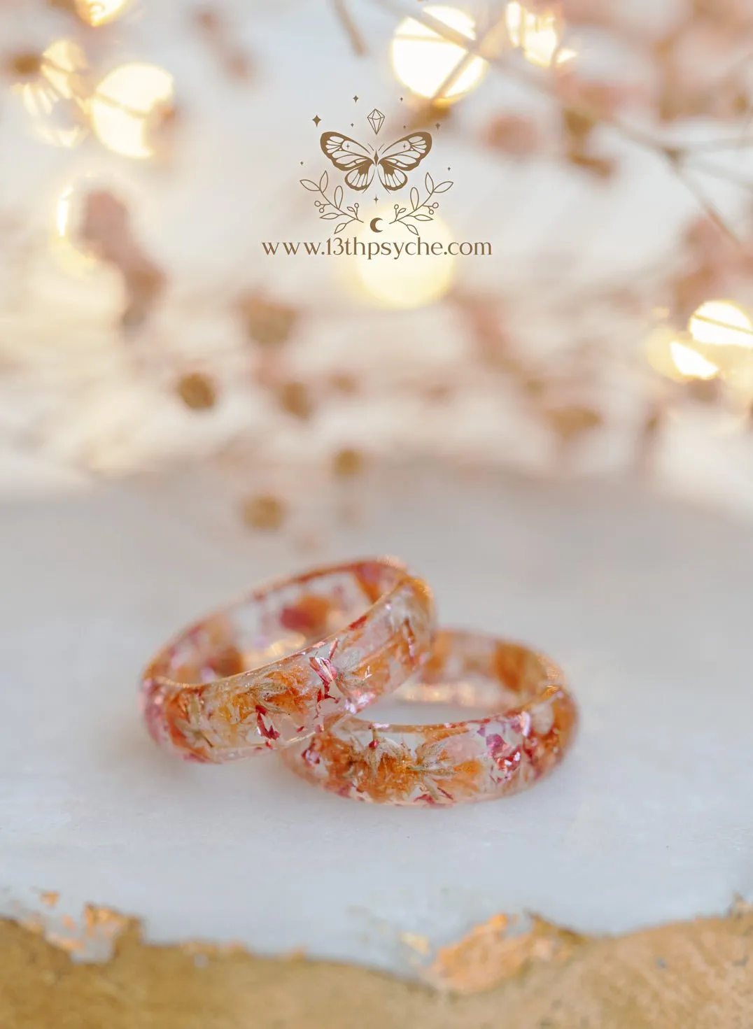 Orange baby's breath flowers resin ring