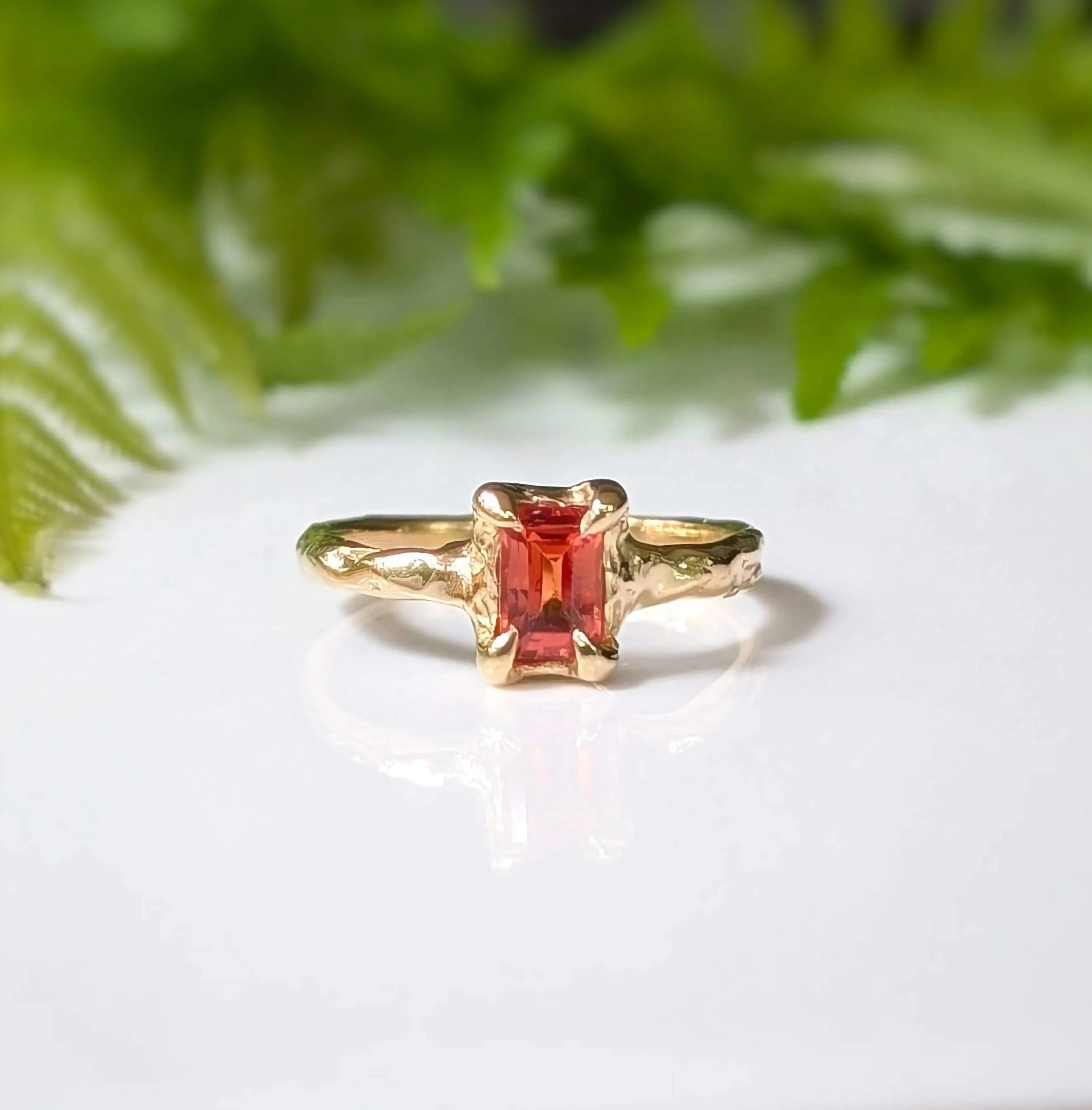 Orange Sapphire textured ring in Solid 14k Gold