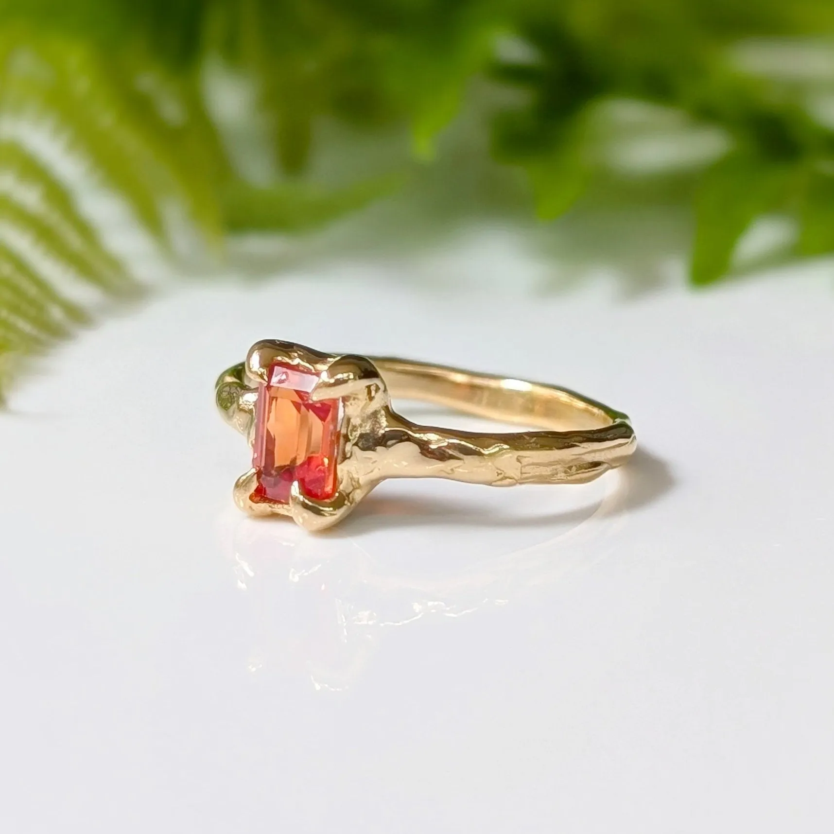 Orange Sapphire textured ring in Solid 14k Gold