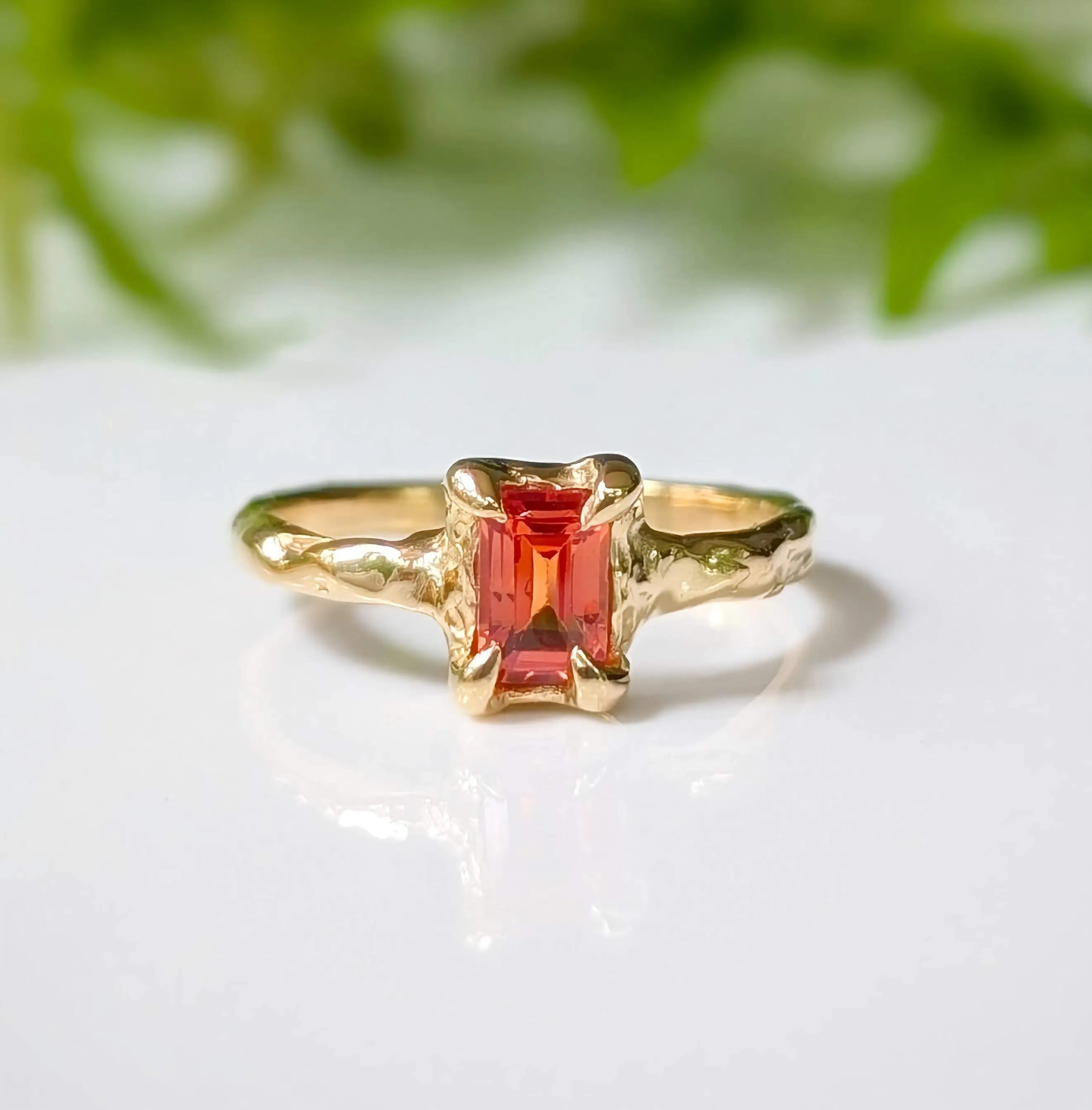 Orange Sapphire textured ring in Solid 14k Gold