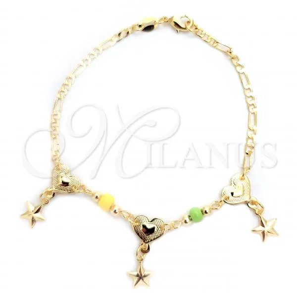 Oro Laminado Charm Bracelet, Gold Filled Style Heart and Star Design, with Yellow and Light Olive Opal, Polished, Golden Finish, 03.32.0295.07