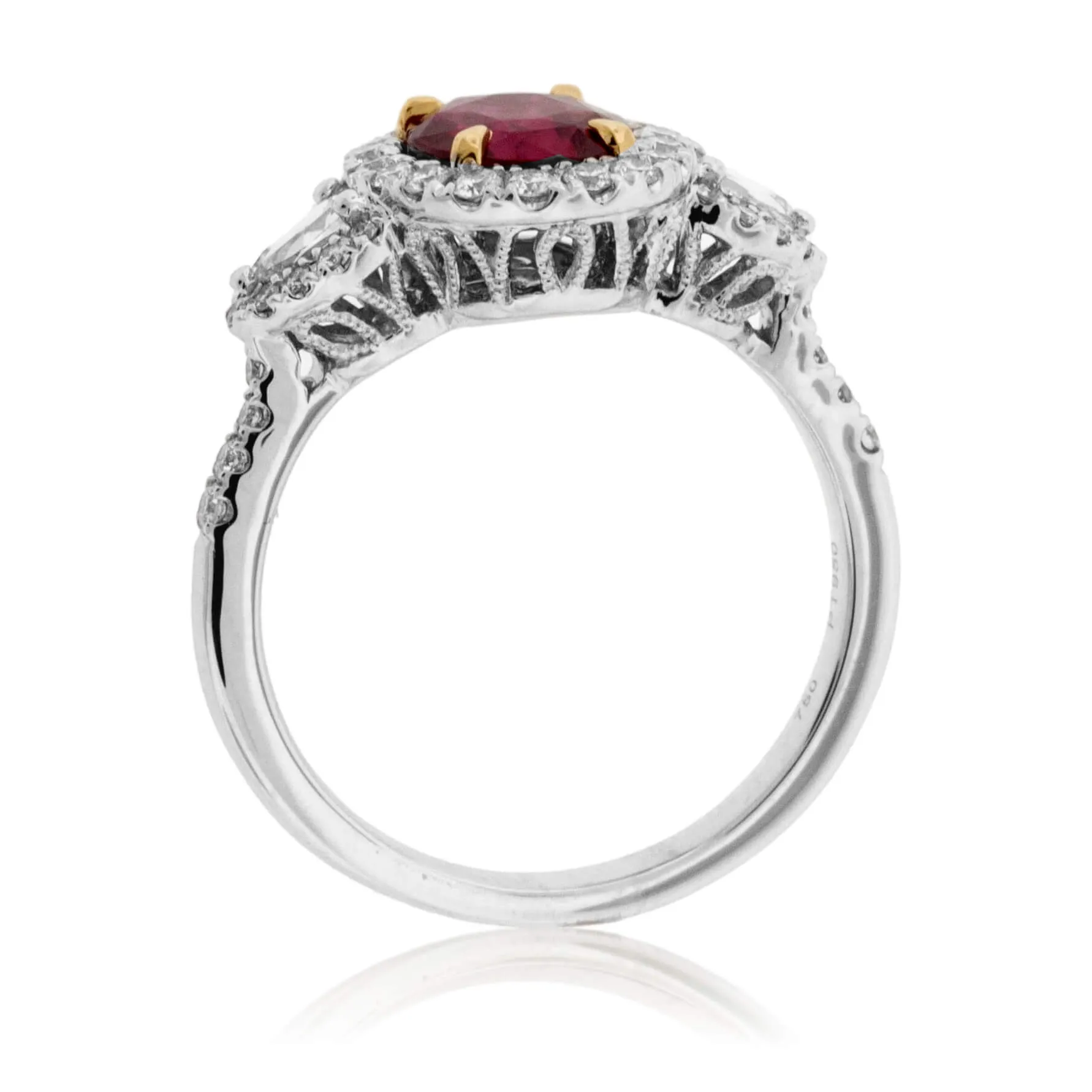 Oval Cut No Heat Ruby & Diamond Three Stone Ring