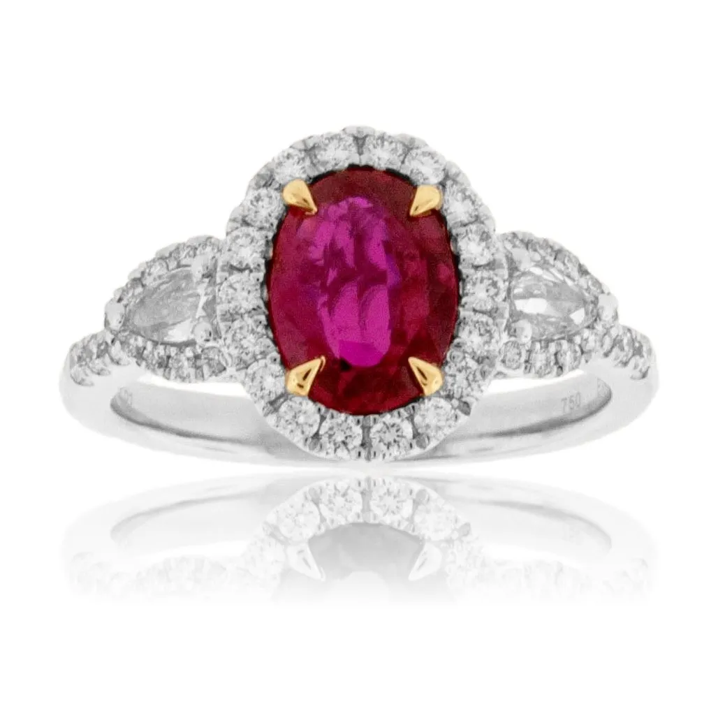 Oval Cut No Heat Ruby & Diamond Three Stone Ring