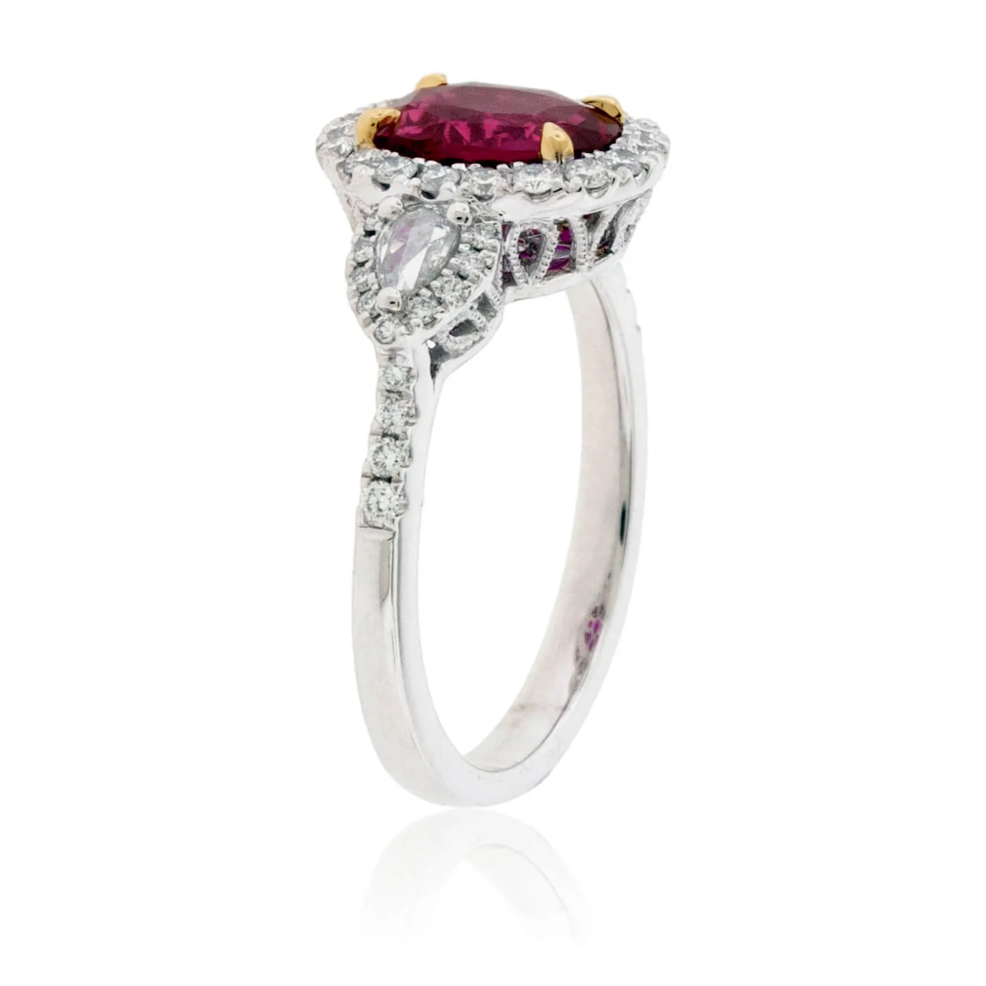 Oval Cut No Heat Ruby & Diamond Three Stone Ring