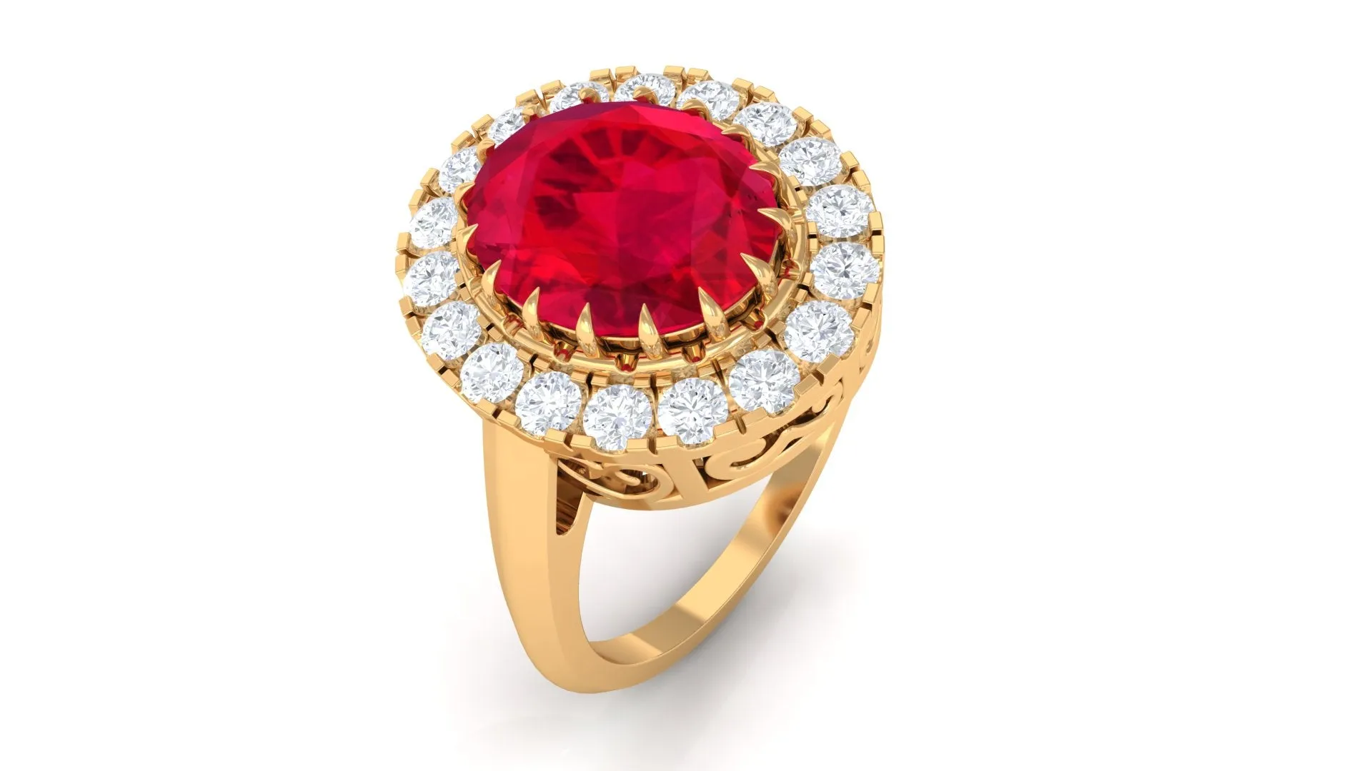 Oval Lab Grown Ruby and Moissanite Halo Engagement Ring