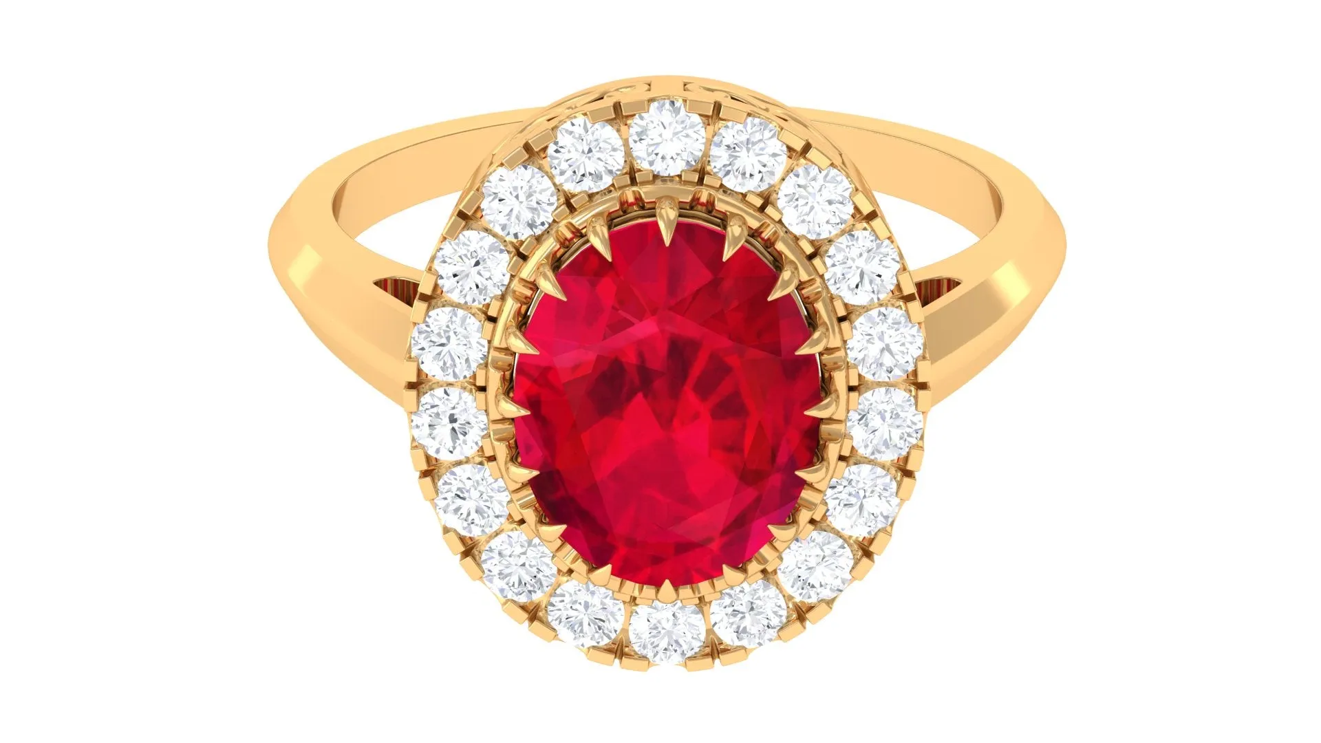 Oval Lab Grown Ruby and Moissanite Halo Engagement Ring