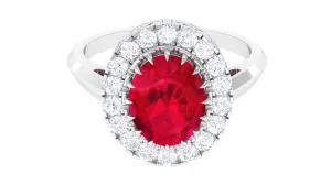 Oval Lab Grown Ruby and Moissanite Halo Engagement Ring