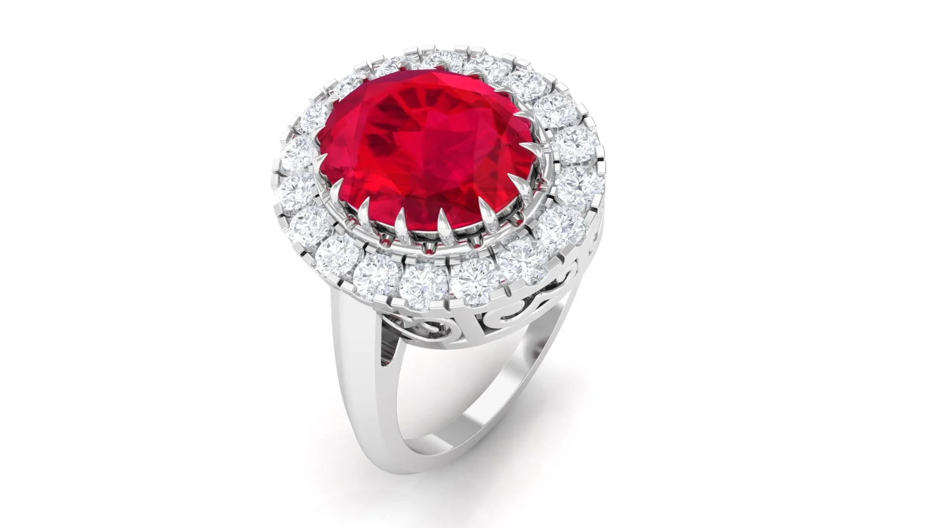 Oval Lab Grown Ruby and Moissanite Halo Engagement Ring