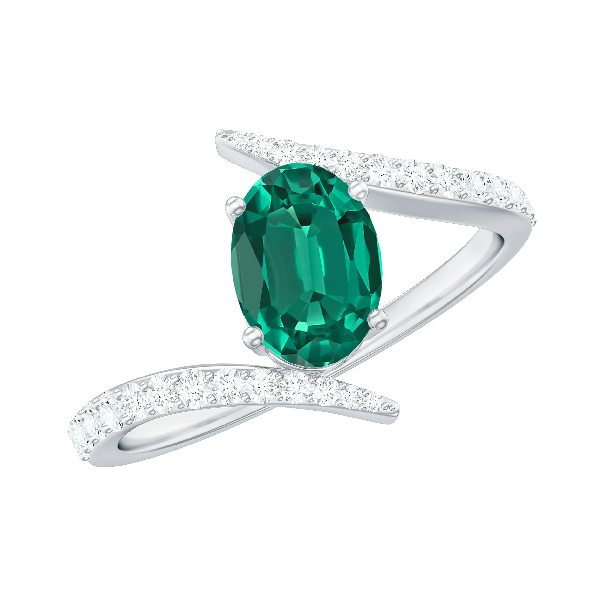 Oval Shape Lab Grown Emerald Solitaire Bypass Ring with Moissanite