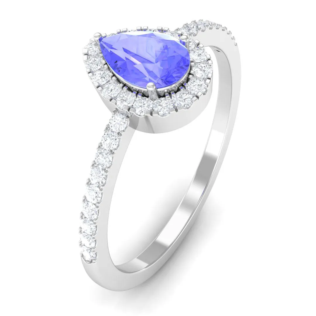 Pear Shape Tanzanite and Diamond Halo Ring