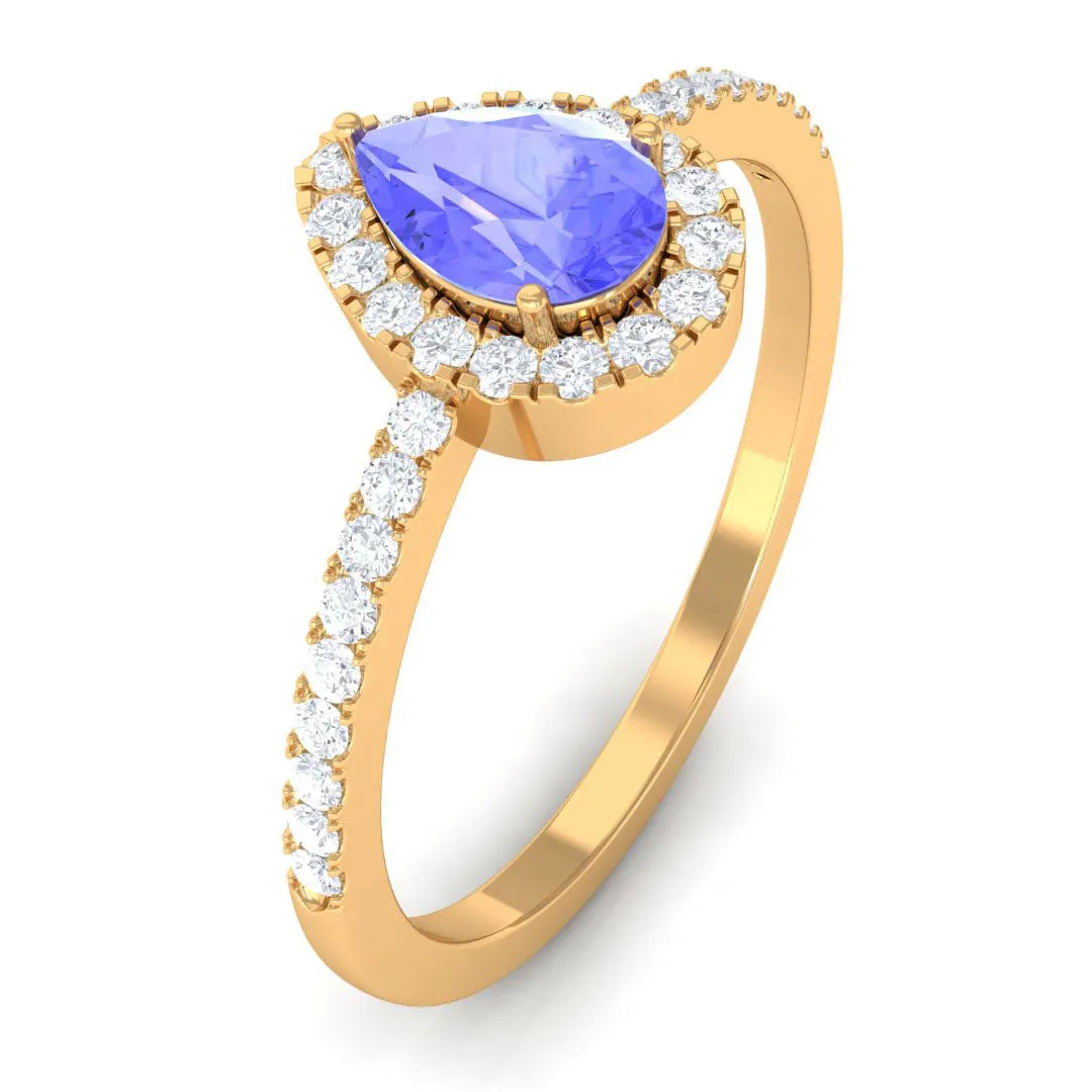 Pear Shape Tanzanite and Diamond Halo Ring