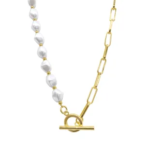 Pearl and Paper Clip Chain Toggle Necklace gold