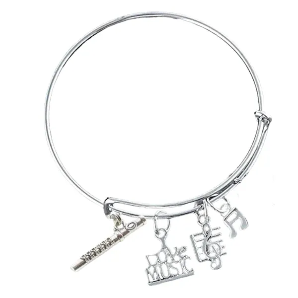 Personalized  Flute Charm Bangle Bracelet with Birthstone