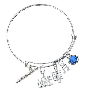 Personalized  Flute Charm Bangle Bracelet with Birthstone