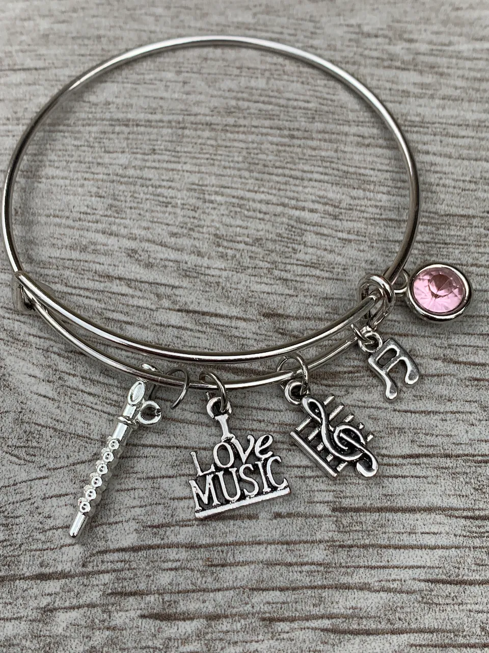 Personalized  Flute Charm Bangle Bracelet with Birthstone