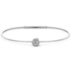 Platinum Finish Sterling Silver Round Simulated Pink Sapphire Birth Gem Bracelet with Simulated Diamonds