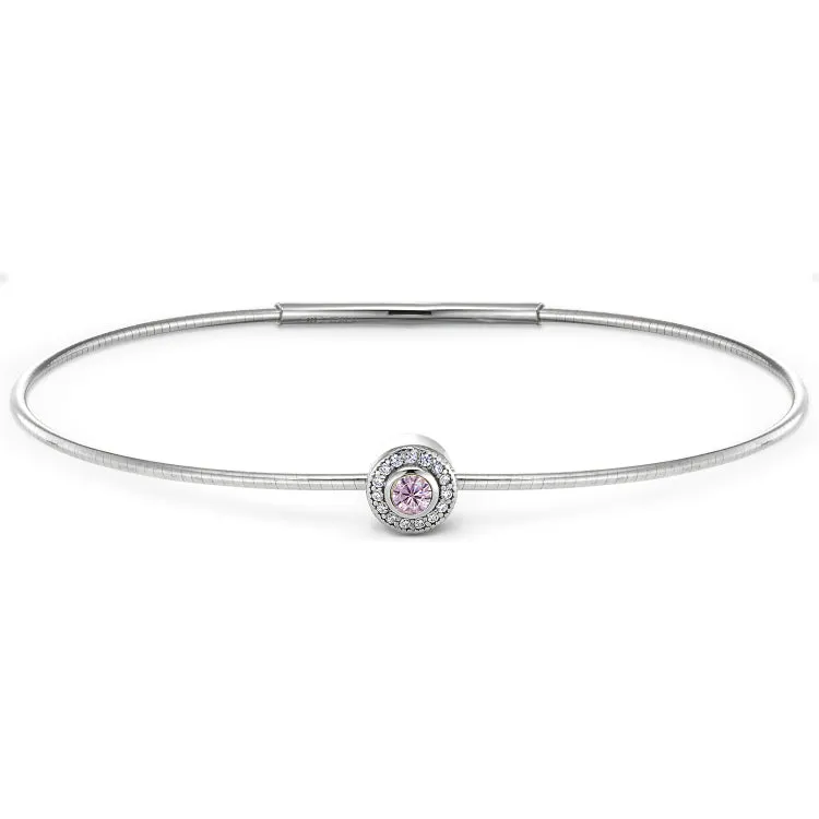 Platinum Finish Sterling Silver Round Simulated Pink Sapphire Birth Gem Bracelet with Simulated Diamonds