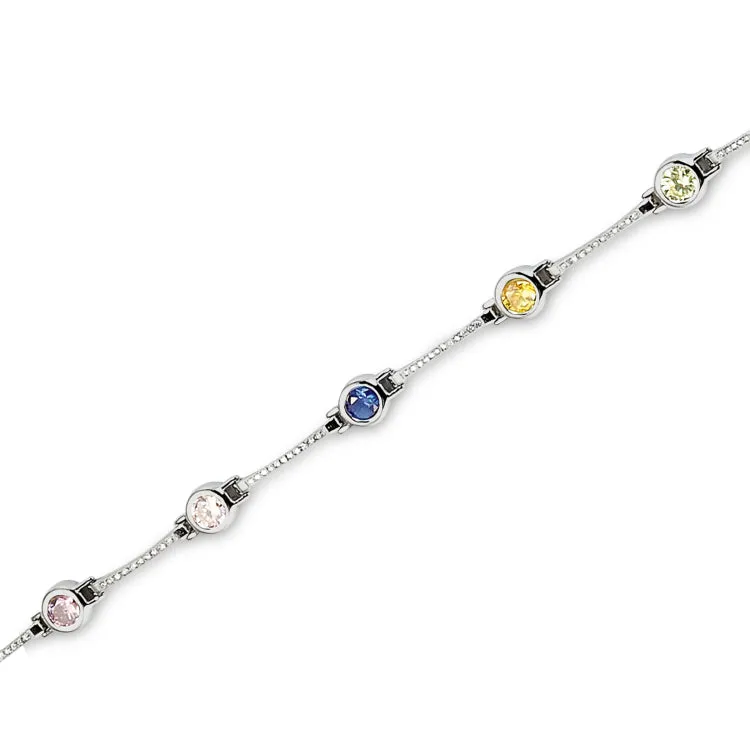 Platinum Finished Sterling Silver Micropave Bracelet with Simulated Diamonds and Facet Cut Multicolored Stones 7.25