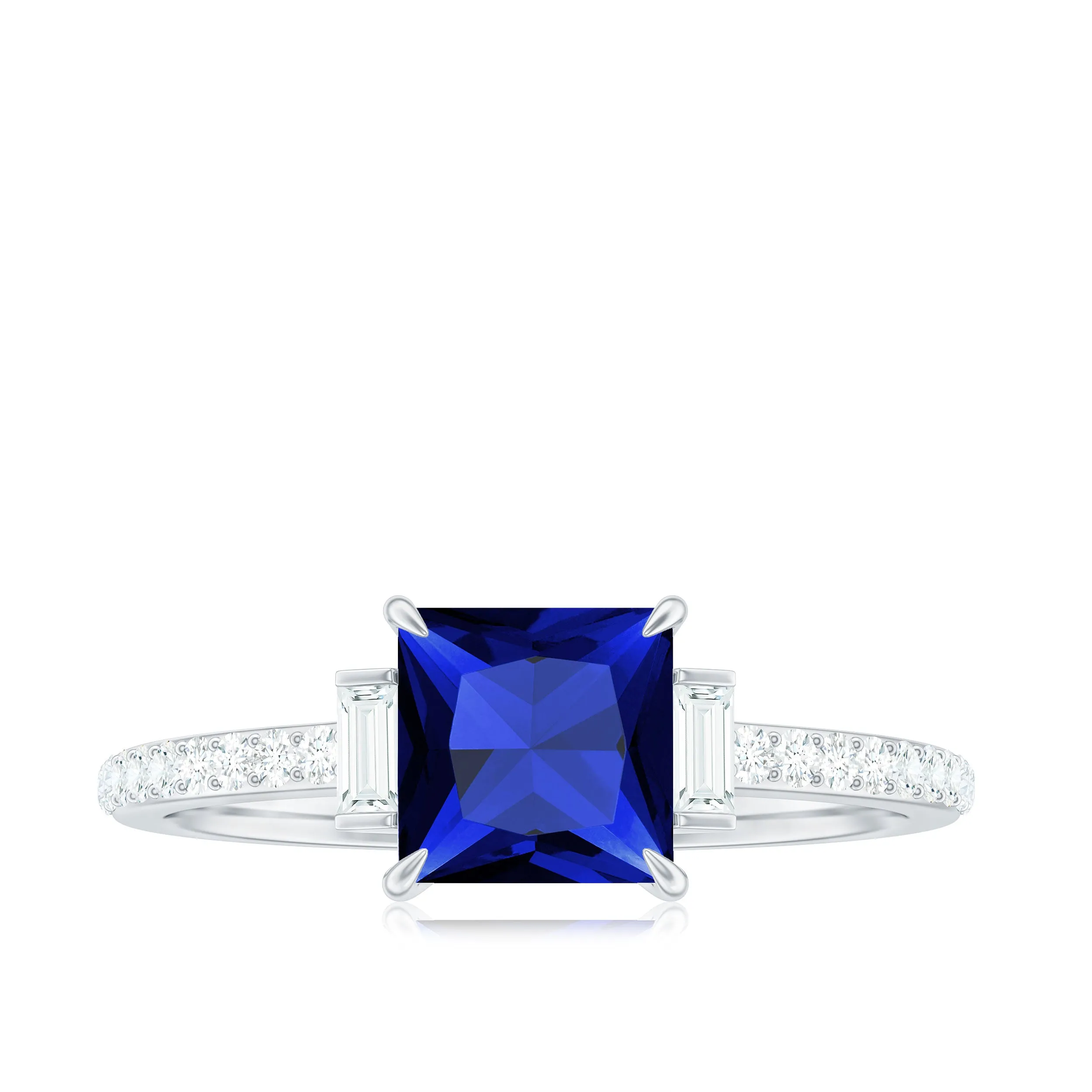 Princess Cut Created Blue Sapphire Solitaire Engagement Ring With Moissanite