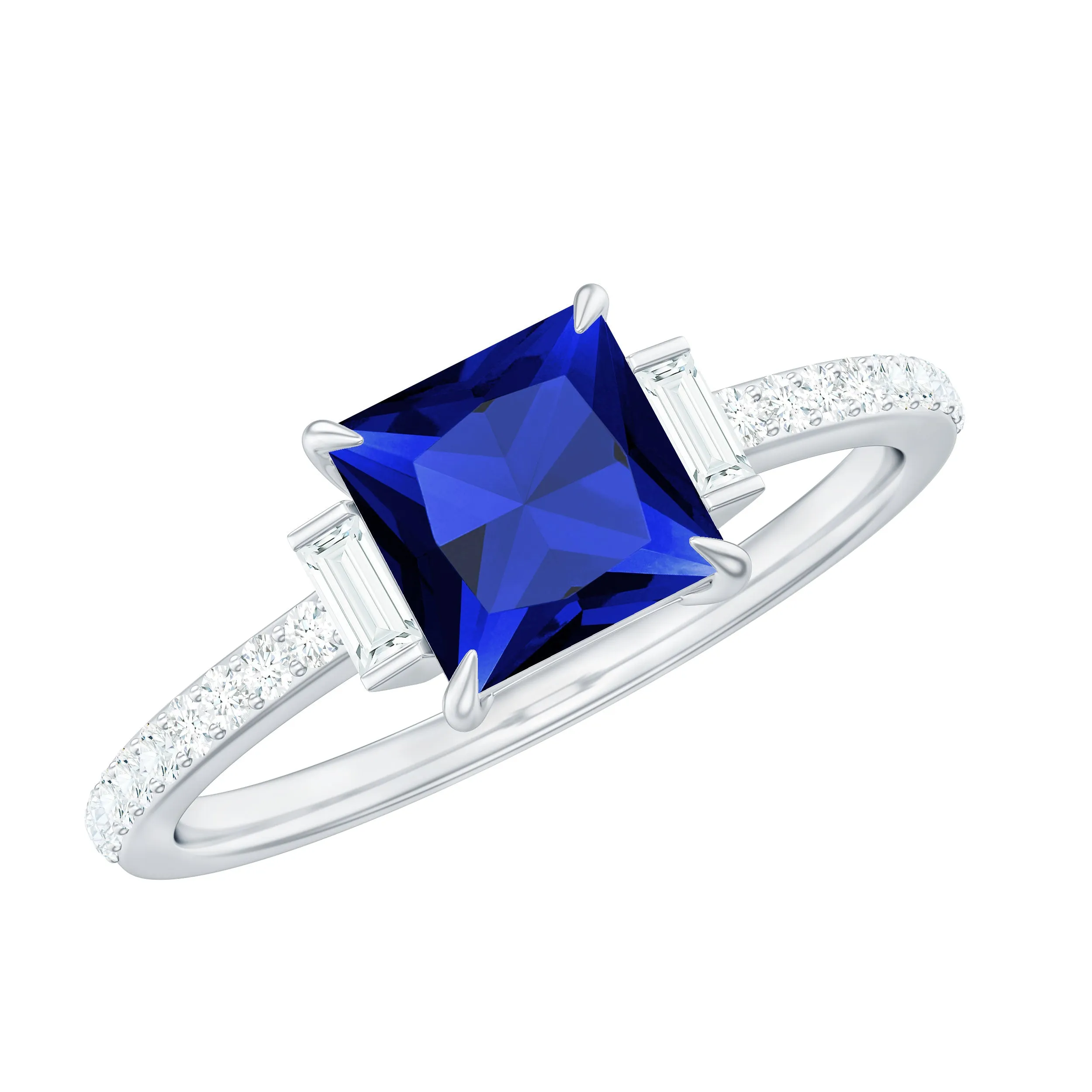 Princess Cut Created Blue Sapphire Solitaire Engagement Ring With Moissanite