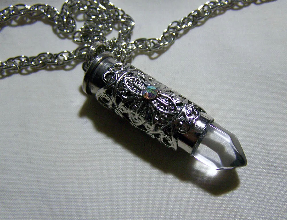 Quartz Crystal Filigree Silver Bullet Pendant Necklace