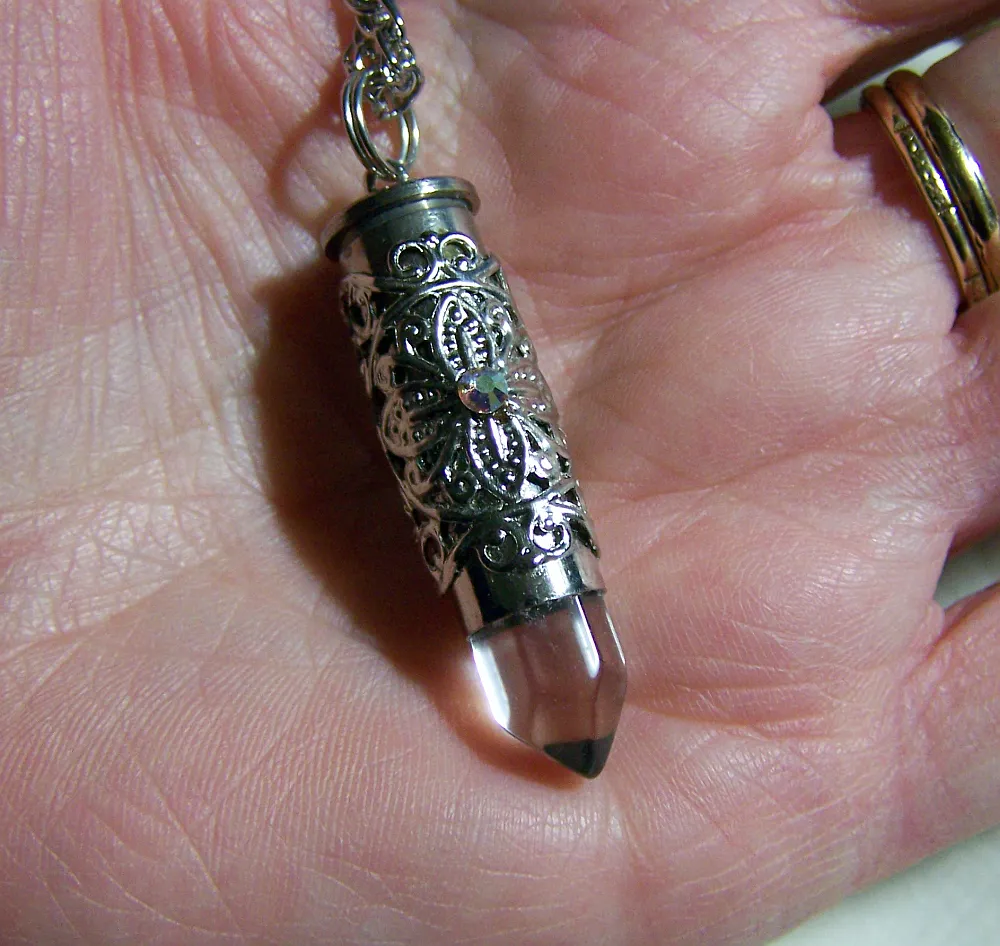 Quartz Crystal Filigree Silver Bullet Pendant Necklace