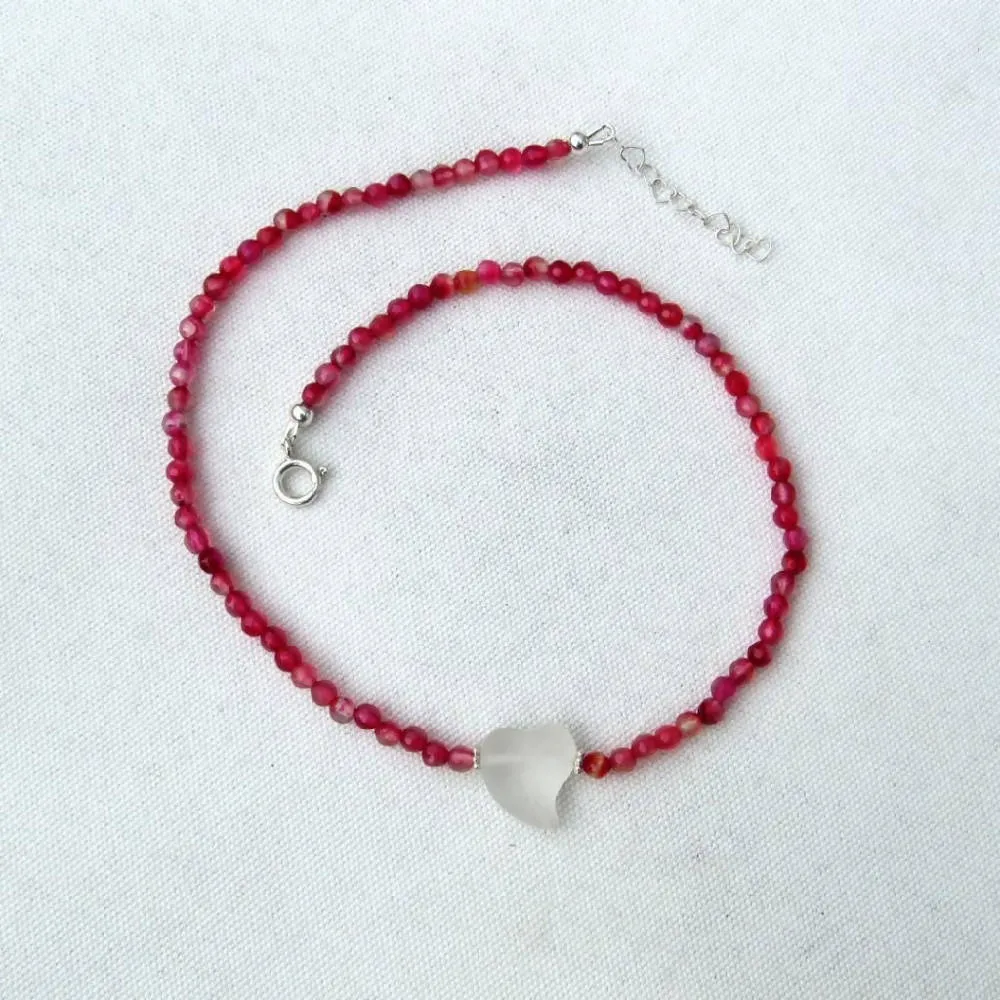 Quartz Heart and Red Agate gemstone Choker Necklace