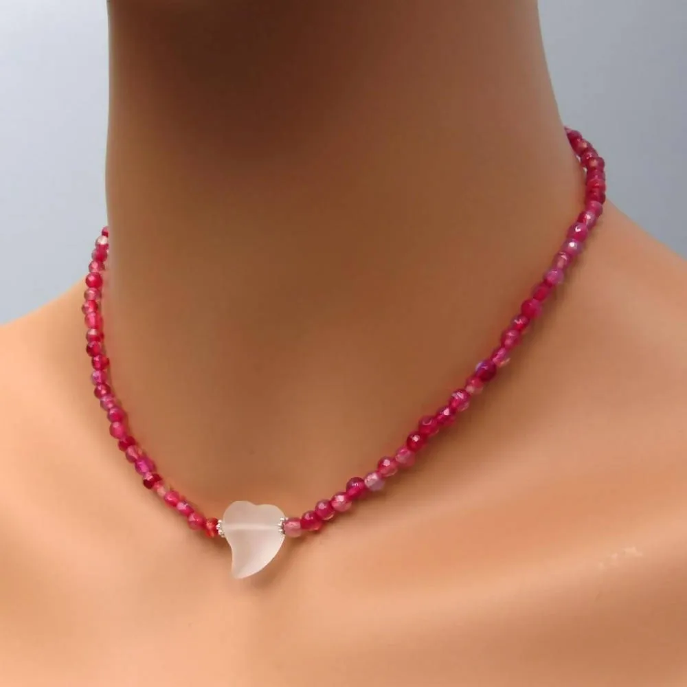 Quartz Heart and Red Agate gemstone Choker Necklace