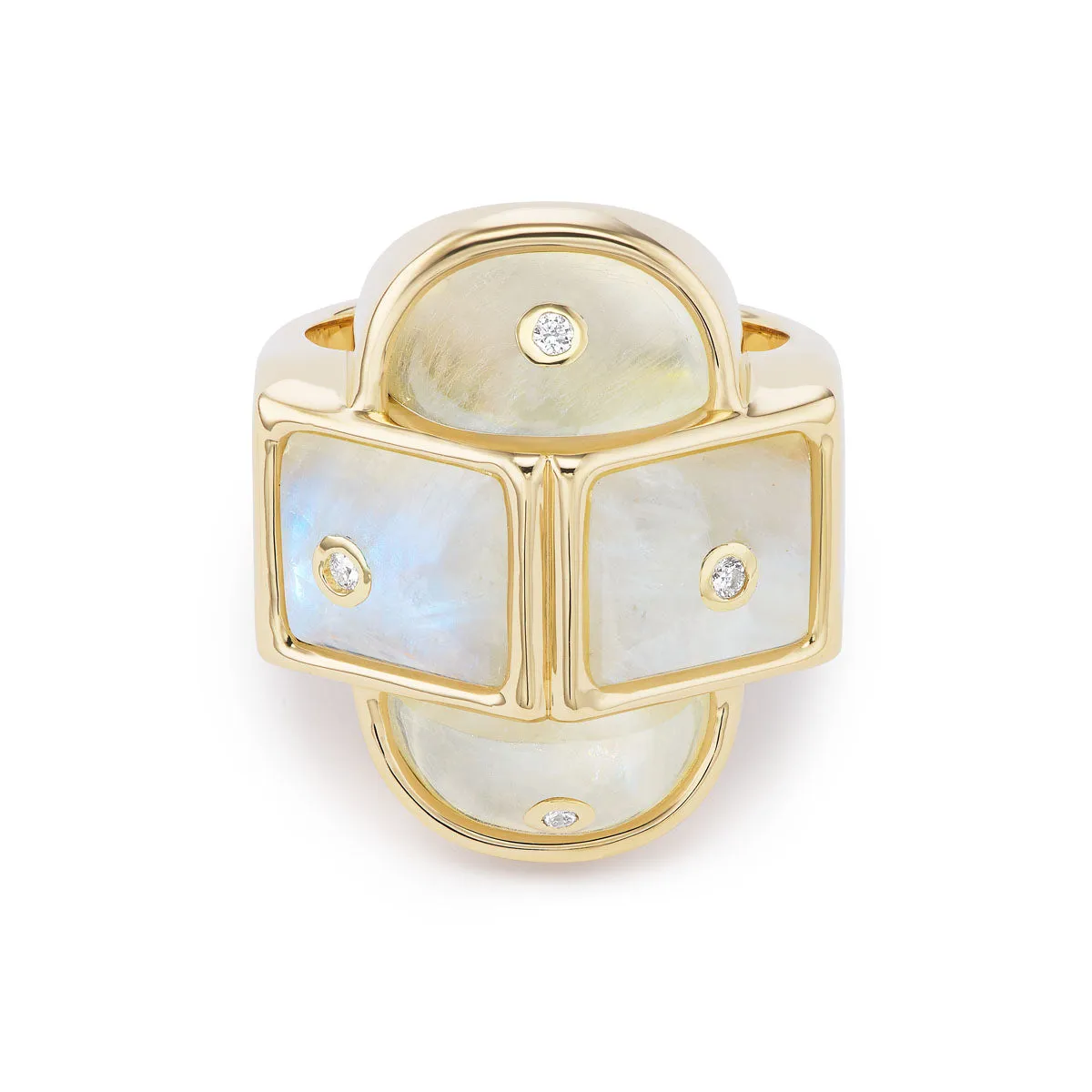 Rainbow Moonstone Hopscotch Ring with Diamond Rounds