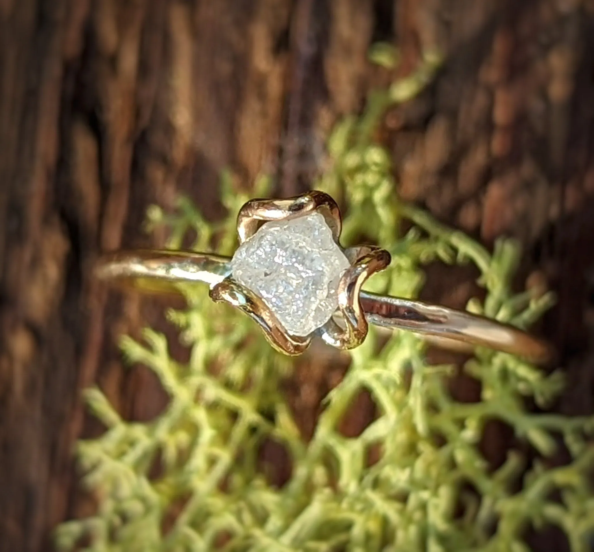 Raw diamond flower prong engagement ring