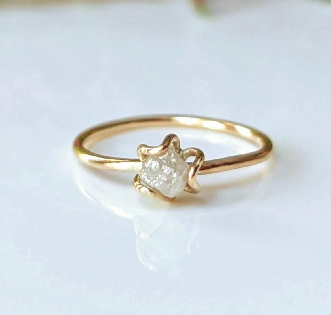 Raw diamond flower prong engagement ring