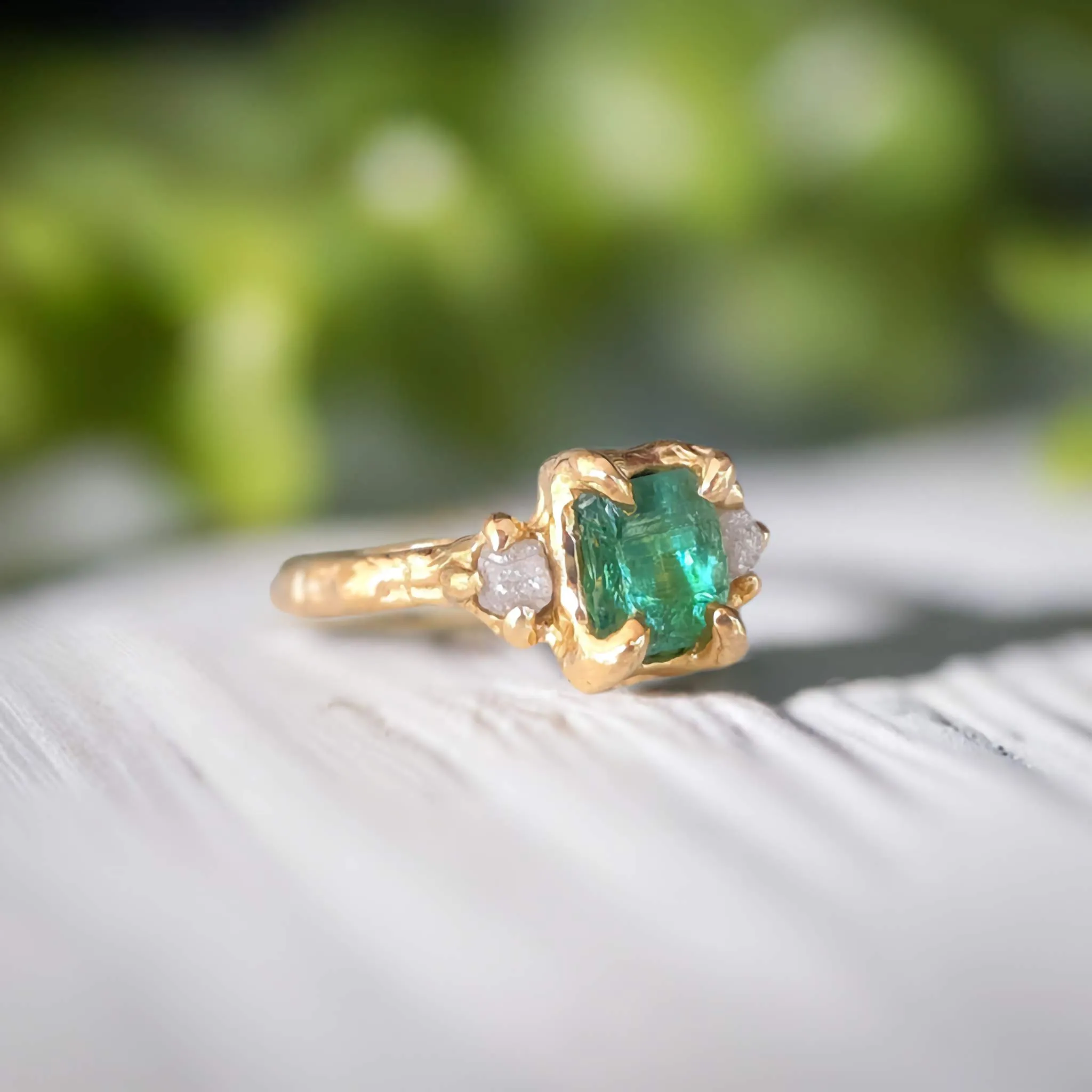 Raw Emerald and diamond engagement ring in Solid 14k Gold