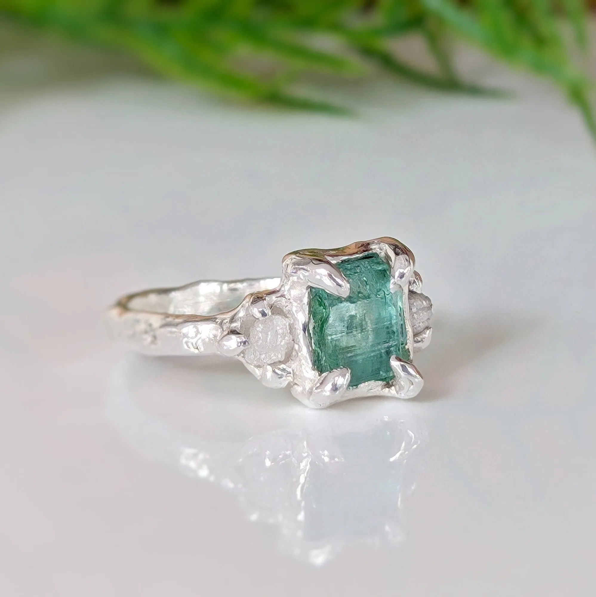 Raw Emerald and diamond engagement ring in Solid 14k Gold