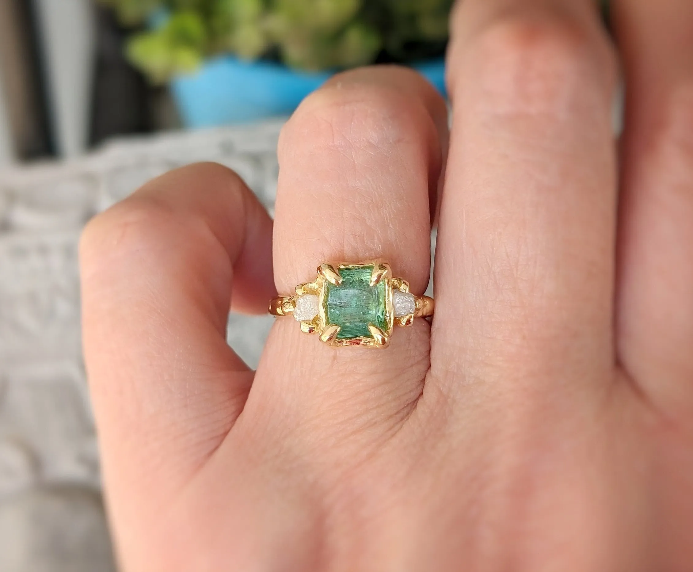 Raw Emerald and diamond engagement ring in Solid 14k Gold