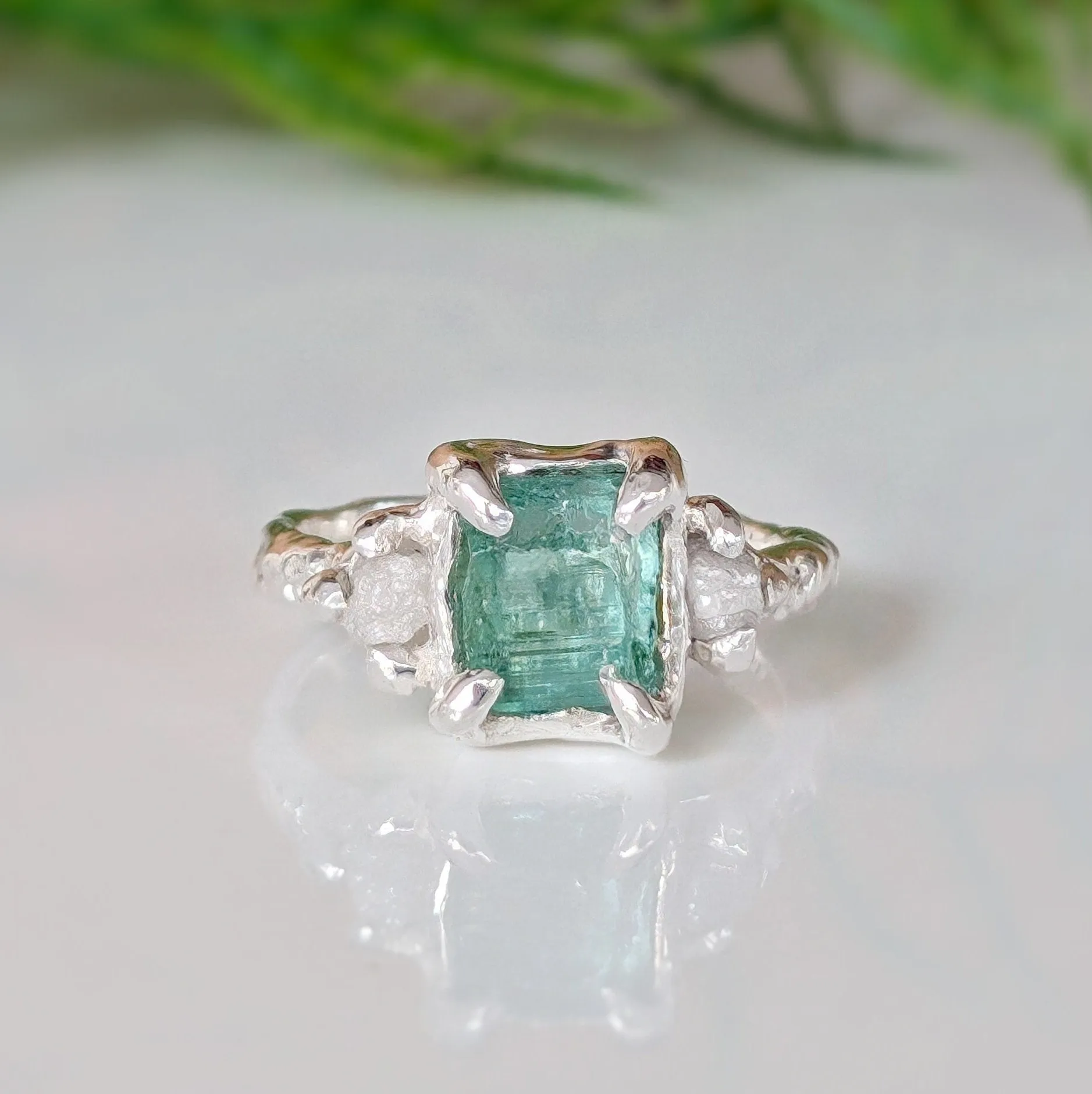 Raw Emerald and diamond engagement ring in Solid 14k Gold