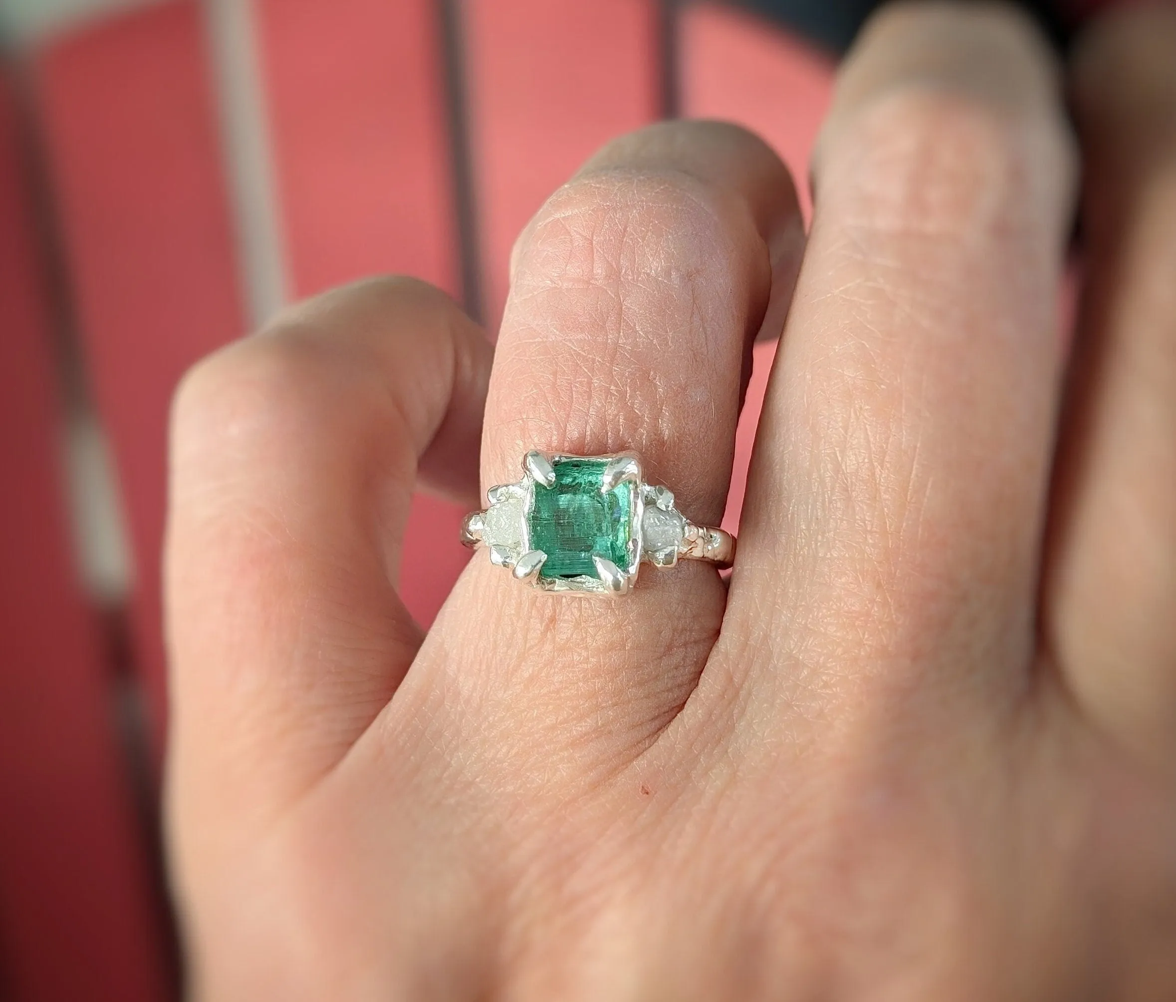 Raw Emerald and diamond engagement ring in Solid 14k Gold