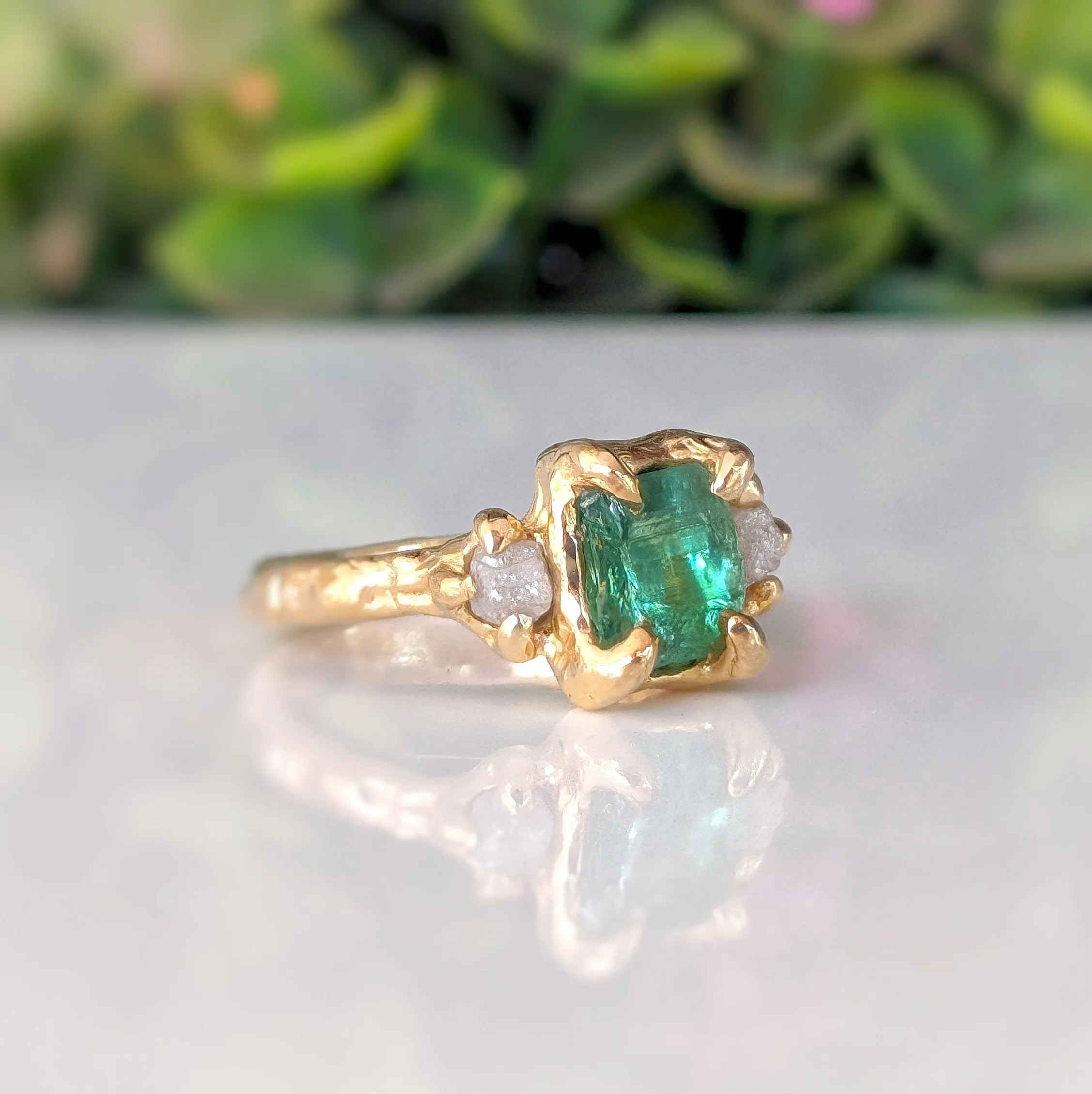 Raw Emerald and diamond engagement ring in Solid 14k Gold