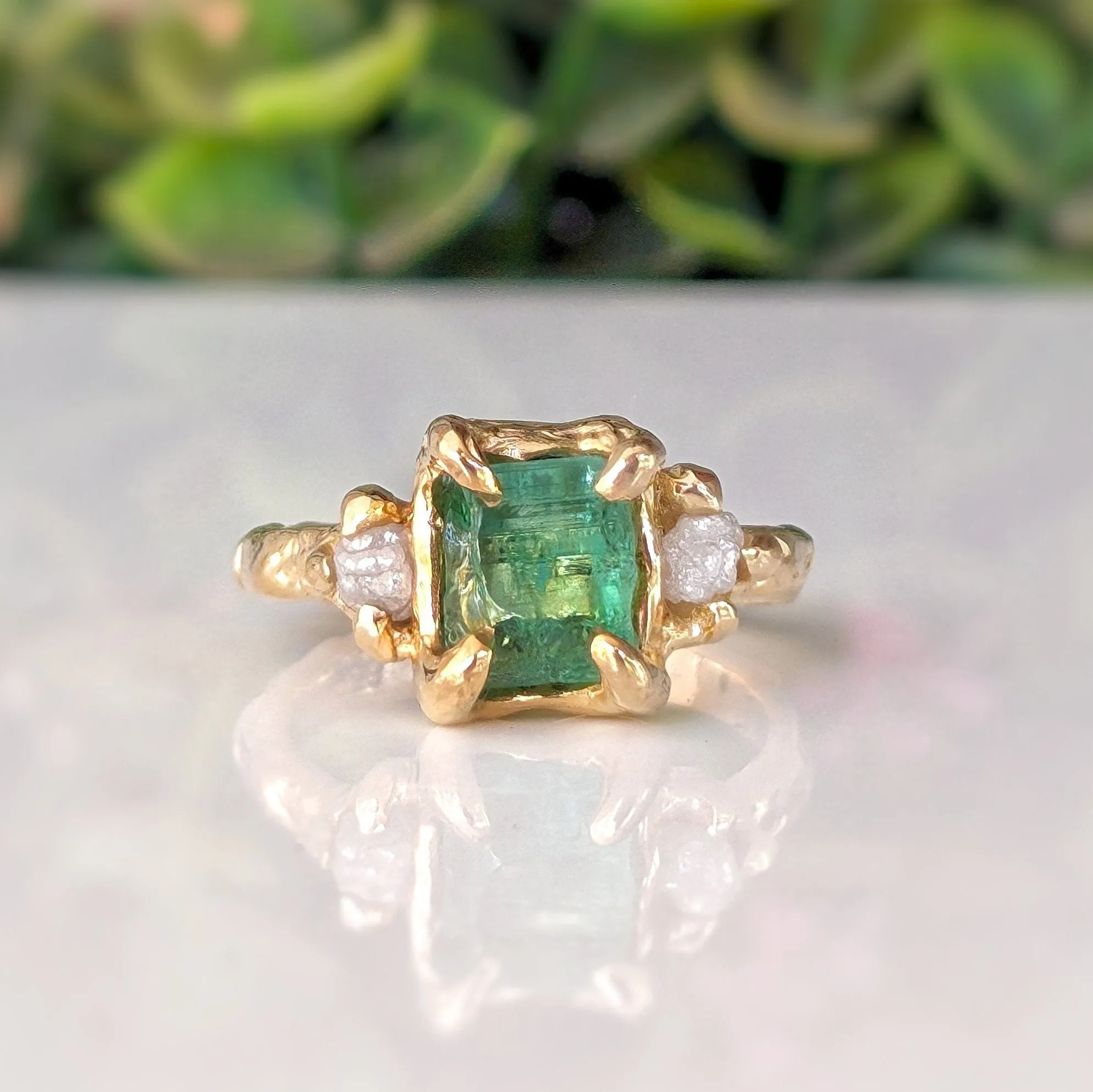 Raw Emerald and diamond engagement ring in Solid 14k Gold