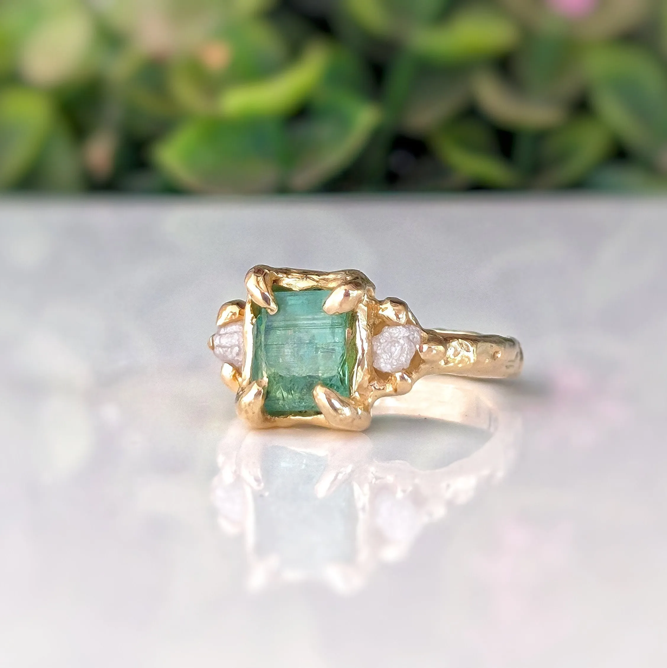 Raw Emerald and diamond engagement ring in Solid 14k Gold