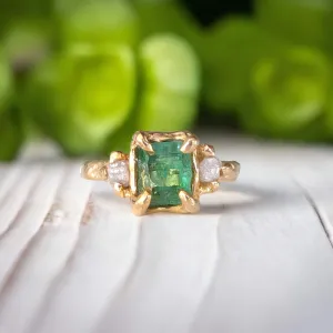 Raw Emerald and diamond engagement ring in Solid 14k Gold