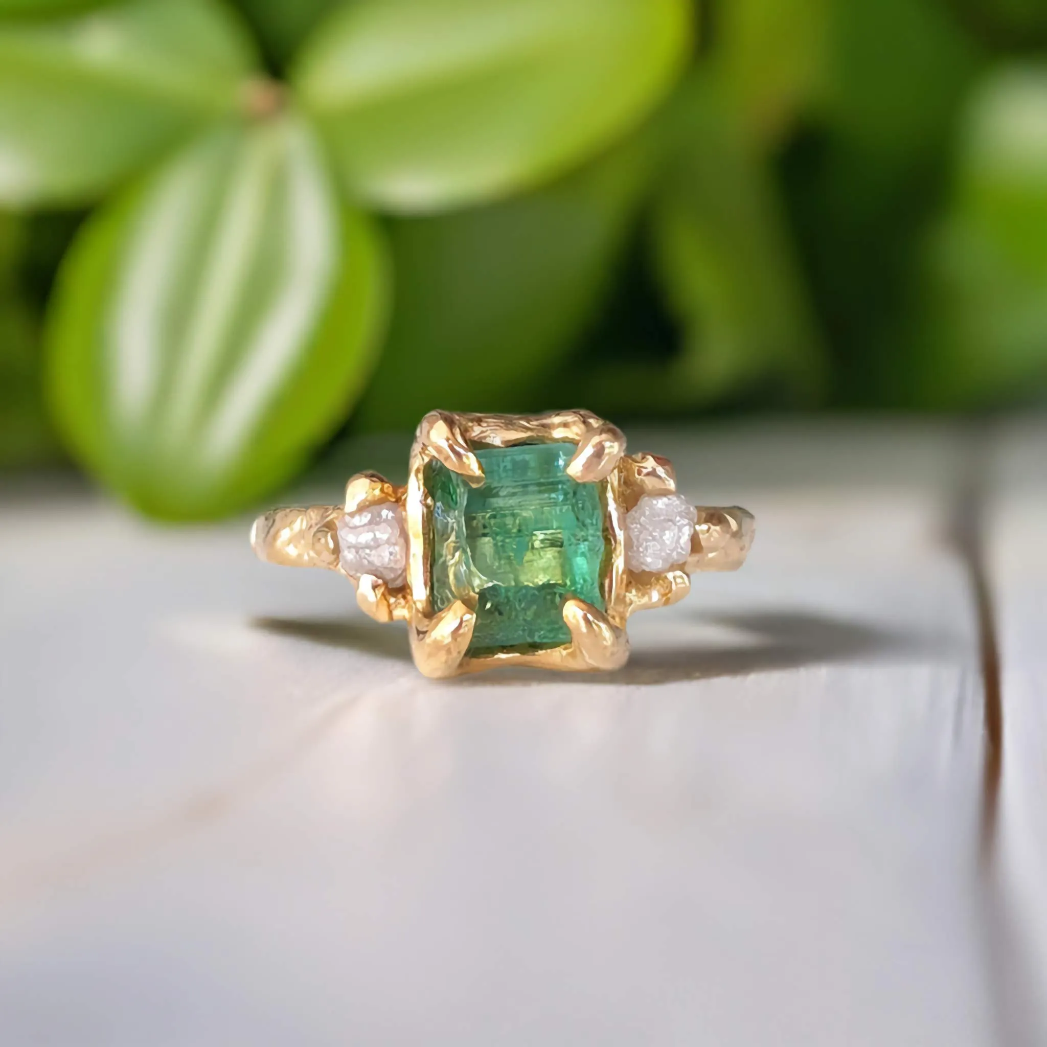 Raw Emerald and diamond engagement ring in Solid 14k Gold