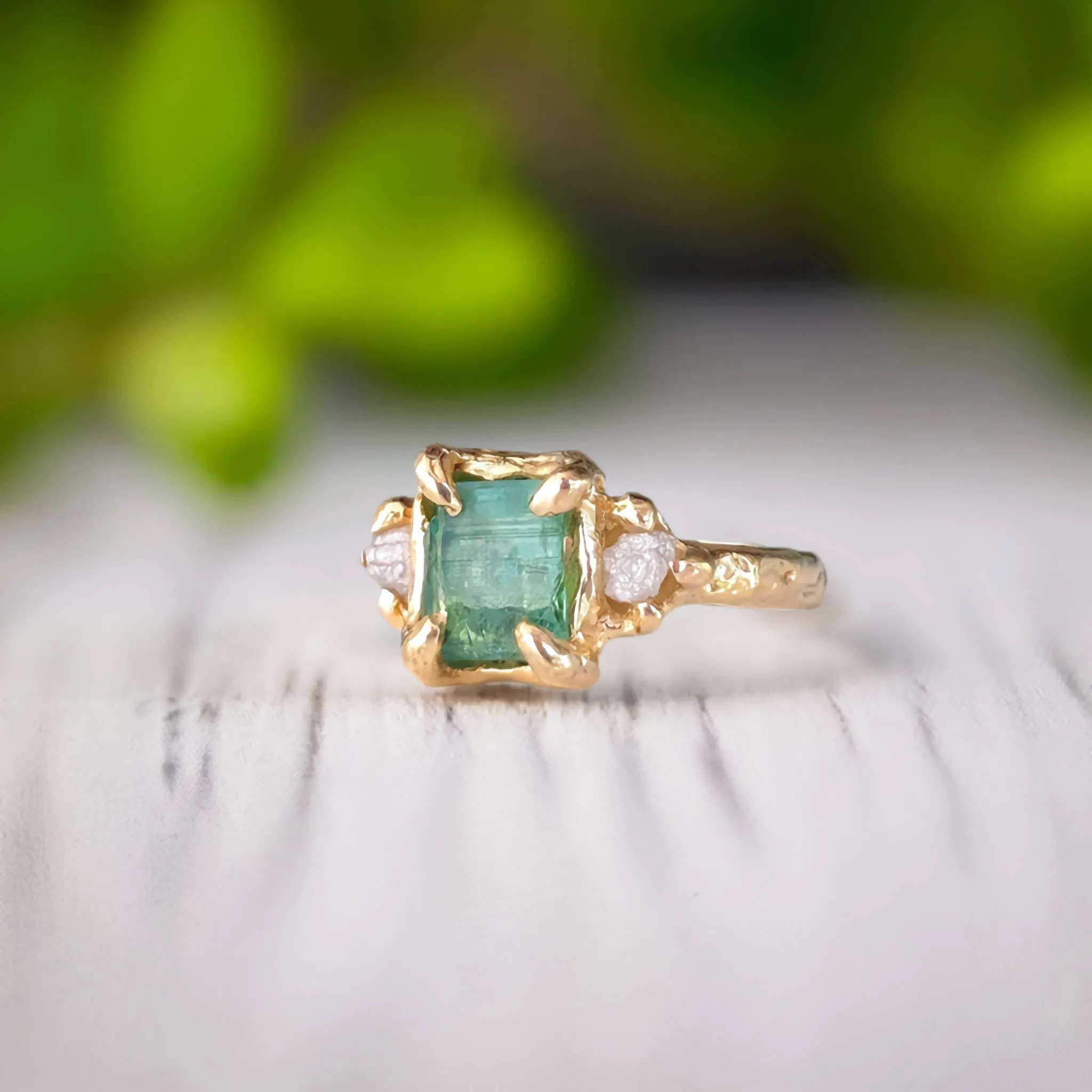 Raw Emerald and diamond engagement ring in Solid 14k Gold