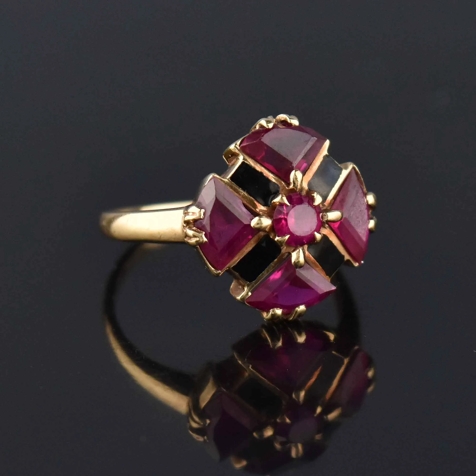 Retro Fine Gold Ruby Trillion Cut Ring, Maltese Cross