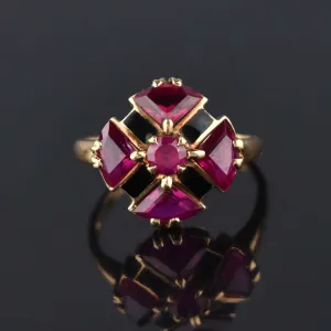 Retro Fine Gold Ruby Trillion Cut Ring, Maltese Cross