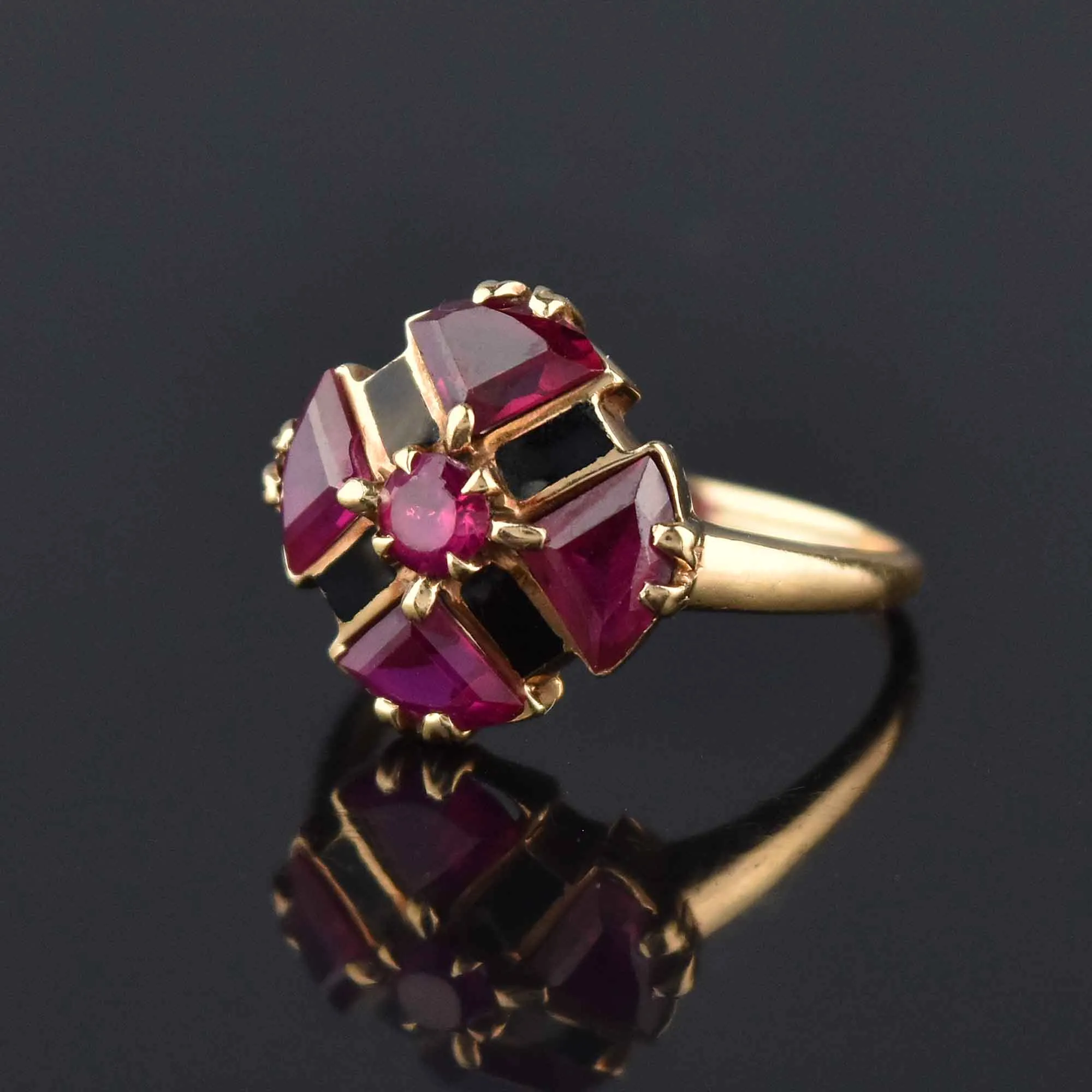 Retro Fine Gold Ruby Trillion Cut Ring, Maltese Cross