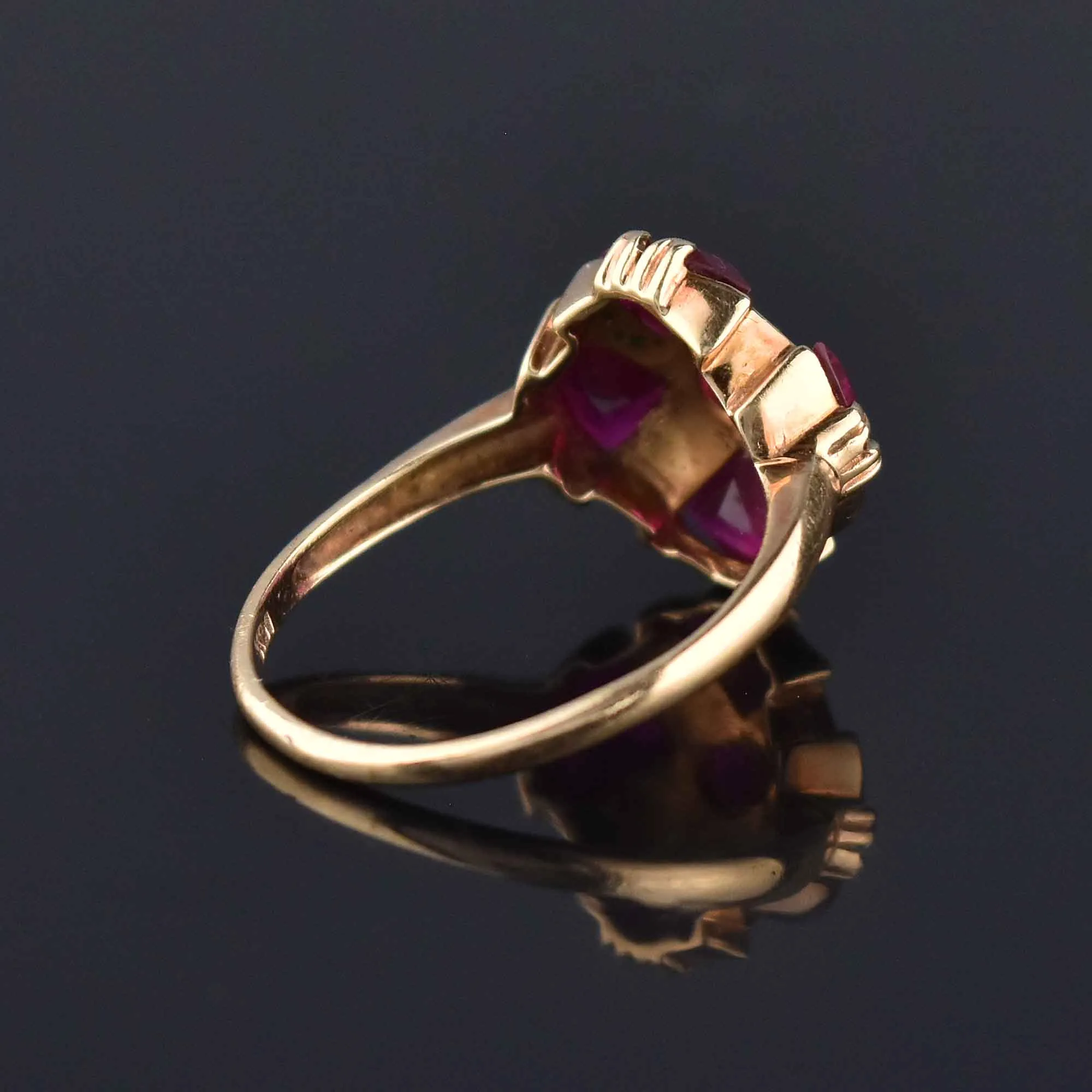 Retro Fine Gold Ruby Trillion Cut Ring, Maltese Cross