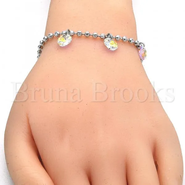 Rhodium Plated 03.26.0046.07 Charm Bracelet, Rattle Charm and Heart Design, with Aurore Boreale Swarovski Crystals, Diamond Cutting Finish, Rhodium Tone